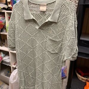 Massive Luxury Sage Openwork Knit Polo Top